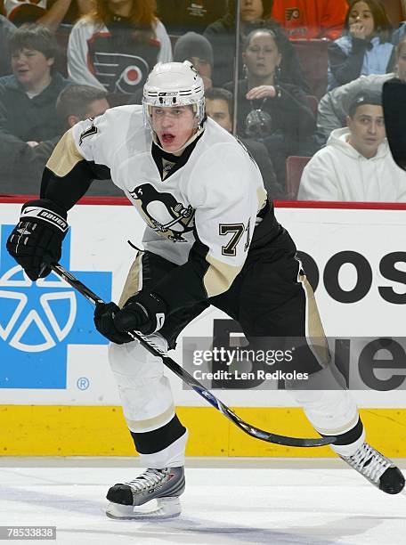 Evgeni Malkin of the Pittsburgh Penguins skates against the Philadelphia Flyers on December 11, 2007 at the Wachovia Center in Philadelphia,...