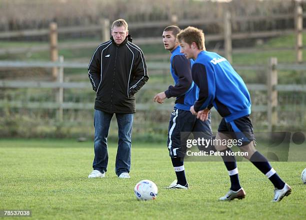 England Under 21 Manager Stuart Pearce looks on during a Northampton Town Training Session at Franklins Gardens on December 17, 2007 in Northampton...