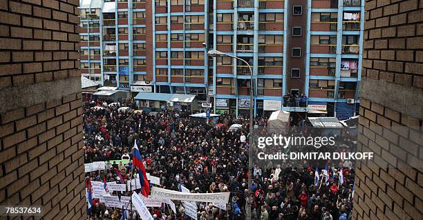 Serbs protest in the ethnically divided Kosovo town of Mitrovica, 18 December 2007, during a rally against EU leaders plan to deploy around 1,800...