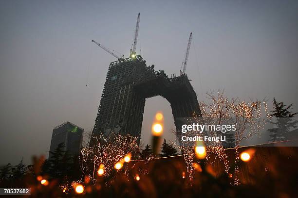 View of the construction site of the China Central Television Headquarters where the two leaning towers are being joined at the Central Business...