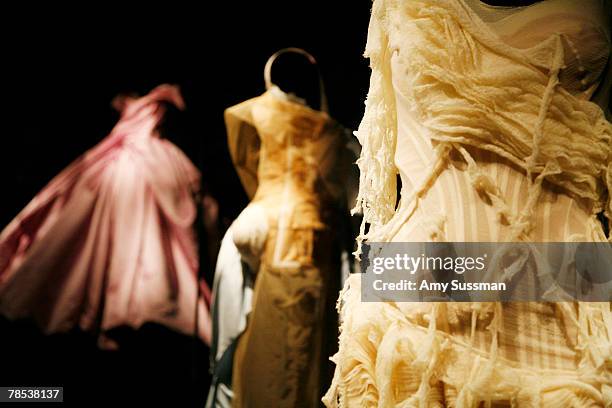 Dresses are displayed The "Blog.mode: addressing fashion" exhibit at the Metropolitan Museum of Art's Costume Institute on December 17, 2007 in New...