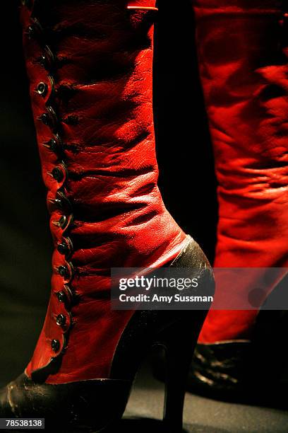 Maniatis Bottier boots are displayed at the "Blog.mode: addressing fashion" exhibit at the Metropolitan Museum of Art's Costume Institute on December...