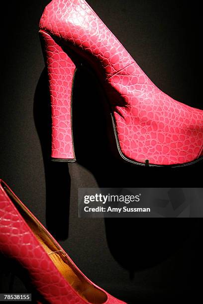 Vivienne Westwood shoes is displayed at the "Blog.mode: addressing fashion" exhibit at the Metropolitan Museum of Art's Costume Institute on December...
