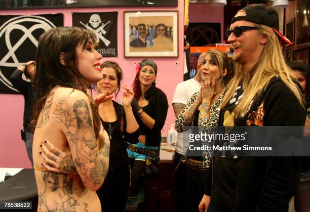 Alex "Orbi" Orbison and LA Ink's Kat Von D as she attempts to brake the Guinness World Record at High Voltage Tattoo on December 14, 2007 in Los...
