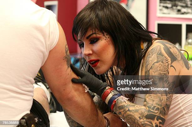 Ink's Kat Von D as she attempts to brake the Guinness World Record at High Voltage Tattoo on December 14, 2007 in Los Angeles, California.