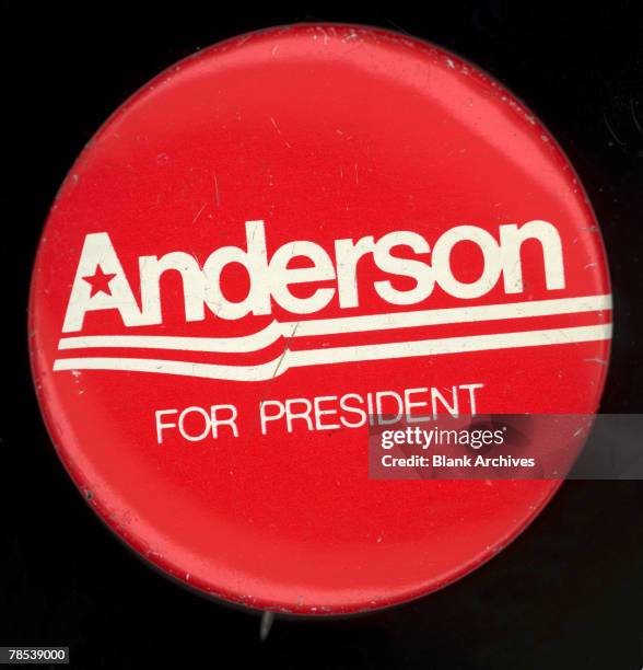 Political campaign button that advocates independant candidate John Bayard Anderson for president in the 1980 US Presidential Election, 1980s....