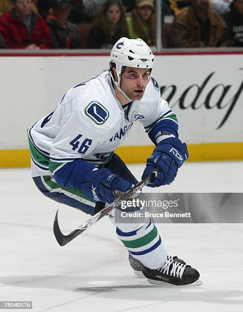 Mike Brown of the Vancouver Canucks skates against the Anaheim Ducks on December 12, 2007 at the Honda Center in Anaheim, California.