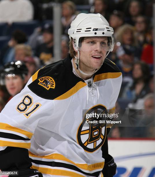 Phil Kessel of the Boston Bruins smiles while playing against the Buffalo Sabres on December 10, 2007 at HSBC Arena in Buffalo, New York.