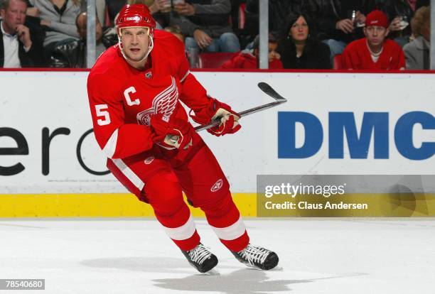 Nicklas Lidstrom of the Detroit Red Wings skates in a game against the Minnesota Wild on December 7, 2007 at the Joe Louis Arena in Detroit,...