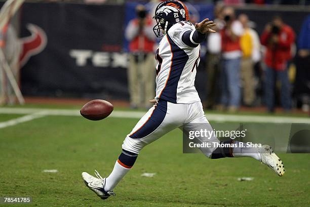 Todd Sauerbrun of the Denver Broncos punts against the Houston Texans during the NFL game against the at Reliant Stadium on December 13, 2007 in...