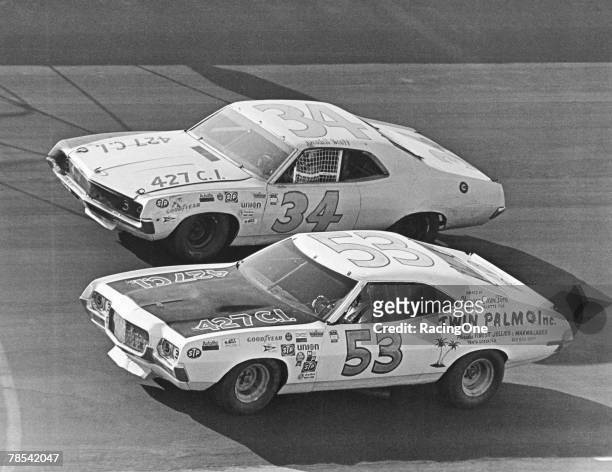 Wendell Scott practicing at Talladega, Alabama on May 6 the day before the Winston 500. Bill Ward is in No. 53.