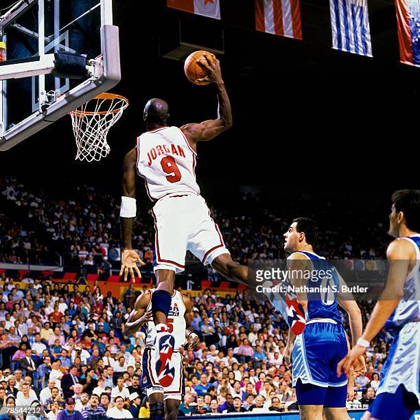 Michael Jordan of the United States National Team soars for a dunk during the 1992 Olympics in Barcelona, Spain. NOTE TO USER: User expressly...