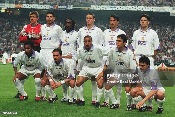 The Real Madrid team line up before the Champions League Final football match against Juventus at the stadium Amsterdam Arena on May 20, 1998 in...