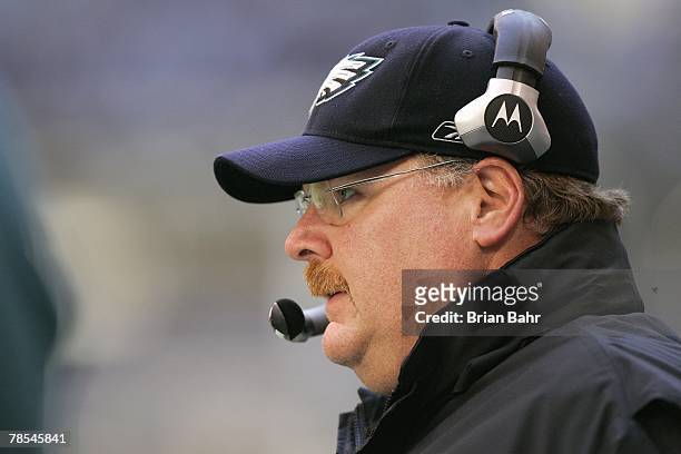 Head coach Andy Reid of the Philadelphia Eagles watches his team hold back the Dallas Cowboys in the second quarter at Texas Stadium December 16,...