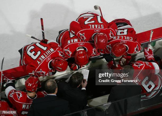 Head coach Peter Laviolette of the Carolina Hurricanes draws up a late game strategy against the Toronto Maple Leafs at RBC Center December 18, 2007...