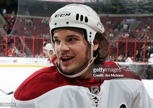 Daniel Carcillo of the Phoenix Coyotes warms up before playing the Philadelphia Flyers on December 18, 2007 at Wachovia Center in Philadelphia,...