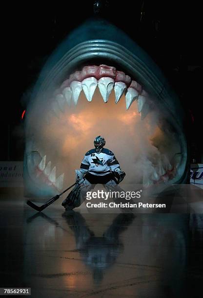 Goaltender Evgeni Nabokov of the San Jose Sharks skates out onto the ice for the NHL game against the Anaheim Ducks at HP Pavilion on December 18,...