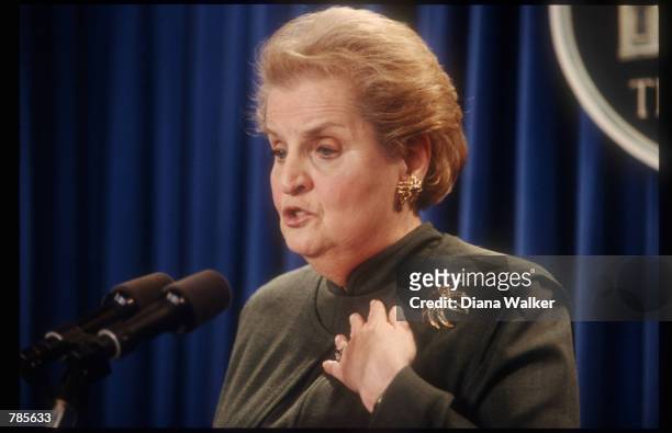 Secretary of State Madeleine Albright holds a briefing on Israel January 23, 1998 in Washington, DC. Albright discussed the progress of President...