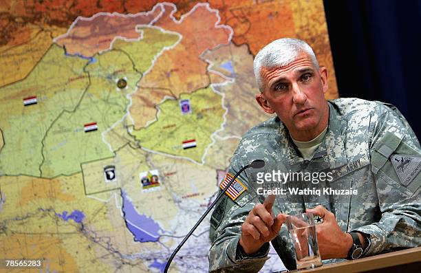 Maj. Gen. Mark P. Hertling , commander, Multi-National Division - North, speaks on December 19, 2007 during a press conference about recent efforts...
