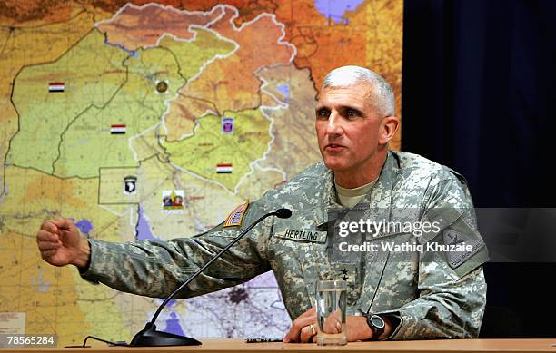 Maj. Gen. Mark P. Hertling , commander, Multi-National Division - North, speaks on December 19, 2007 during a press conference about recent efforts...