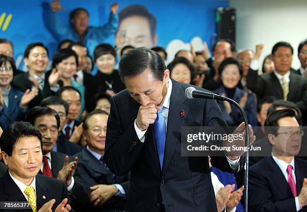 Lee Myung-Bak of the conservative main opposition Grand National Party makes a speech to party members after he is declared the winner of the...