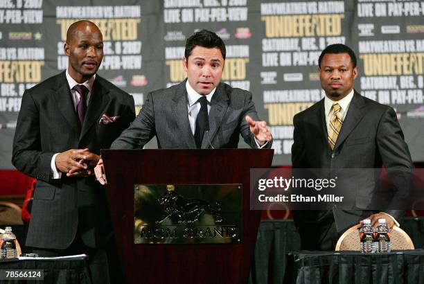 Boxer and president of Golden Boy Promotions East Bernard Hopkins, boxer and president of Golden Boy Promotions Oscar De La Hoya and boxer Shane...