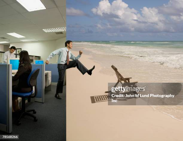 asian businessman stepping from office to beach - escapism imagens e fotografias de stock