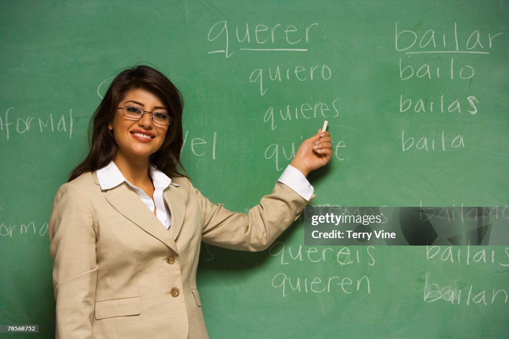 Indian female teacher in front of blackboard