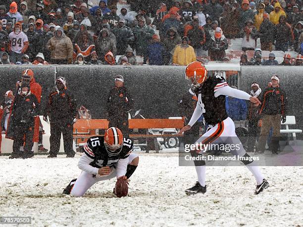 Placekicker Phil Dawson of the Cleveland Browns kicks a 49-yard field goal out of the hold of Dave Zastudil that gave Cleveland a 8-0 lead in the...