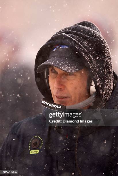 Head Coach Dick Jauron of the Buffalo Bills watches the action during a game Cleveland Browns on December 16, 2007 at Cleveland Browns Stadium in...