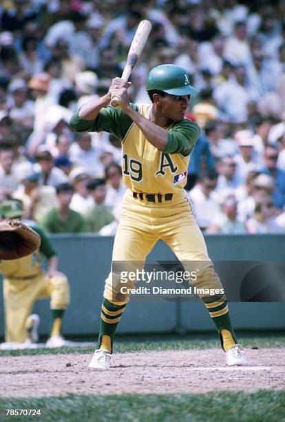 Shortstop Bert Campaneris of the Oakland A's at bat during a game in 1969 against the Boston Red Sox at Fenway Park in Boston, Massachusetts. Bert...