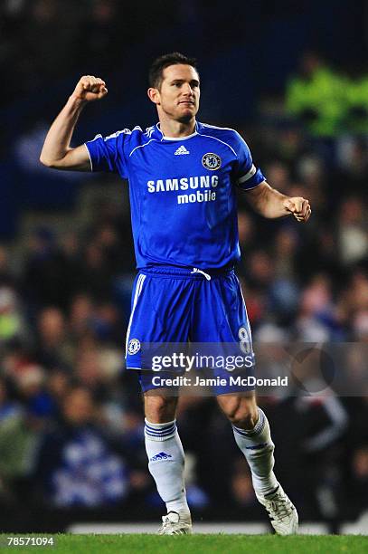 Frank Lampard of Chelsea celebrates as he opens the scoring during the Carling Cup Quarter Final match between Chelsea and Liverpool at Stamford...