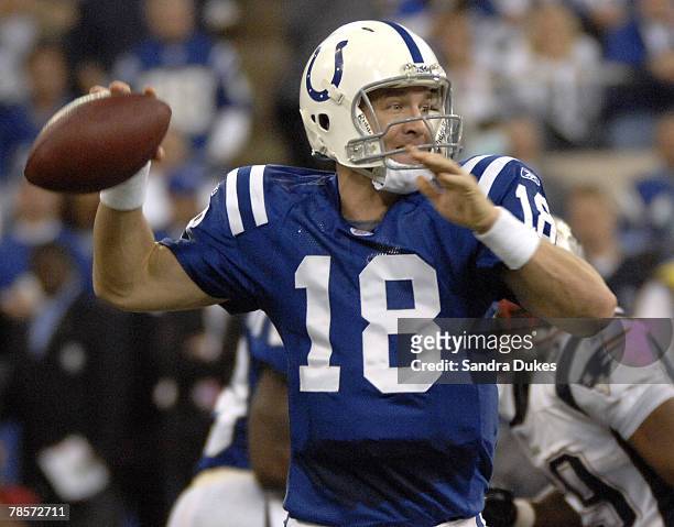 Peyton Manning of the Indianapolis Colts during the AFC Championship game between the New England Patriots and Indianapolis Colts at the RCA Dome in...