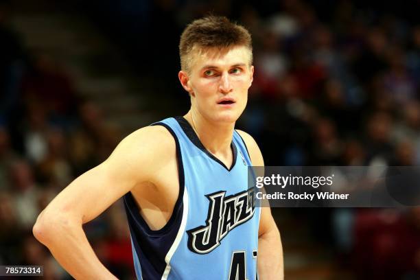 Andrei Kirilenko of the Utah Jazz looks on during the game against the Sacramento Kings on December 4, 2007 at Arco Arena in Sacramento, California....