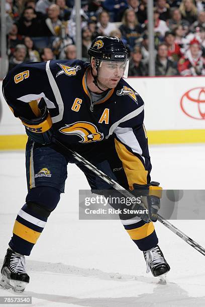 Jaroslav Spacek of the Buffalo Sabres awaits the faceoff against the Chicago Blackhawks on December 15, 2007 at HSBC Arena in Buffalo, New York.