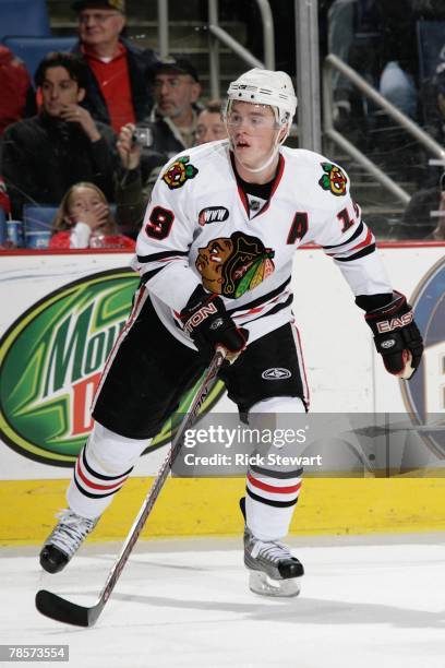 Jonathan Toews of the Chicago Blackhawks skates against the Buffalo Sabres at HSBC Arena on December 15, 2007 in Buffalo, New York.