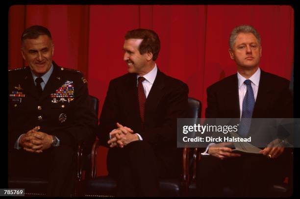 President Bill Clinton, General Henry Shelton and Secretary of Defense William Cohen sit February 17, 1998 in Washington, DC. Clinton demanded that...