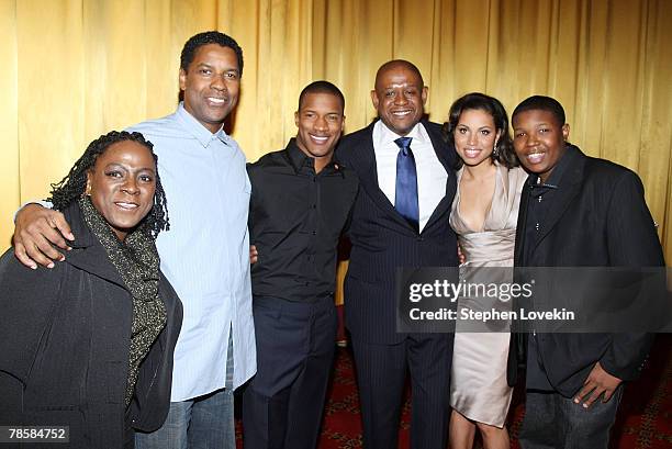 Singer Sharon Jones, actor Denzel Washington, actor Nate Parker, actor Forest Whitaker, actress Jurnee Smollett, and actor Denzel Whitaker attend the...