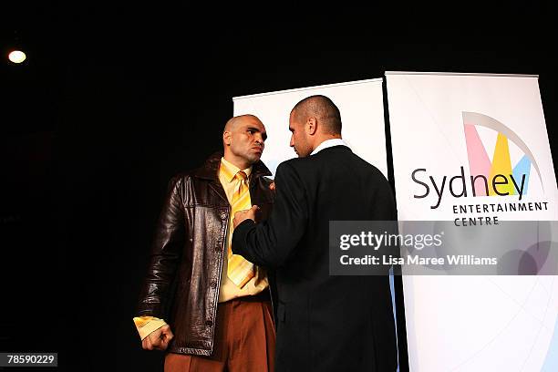 Anthony Mundine shapes up to Nader Hamdan during a press conference at the Sydney Entertainment Centre on December 20, 2007 in Sydney, Australia....