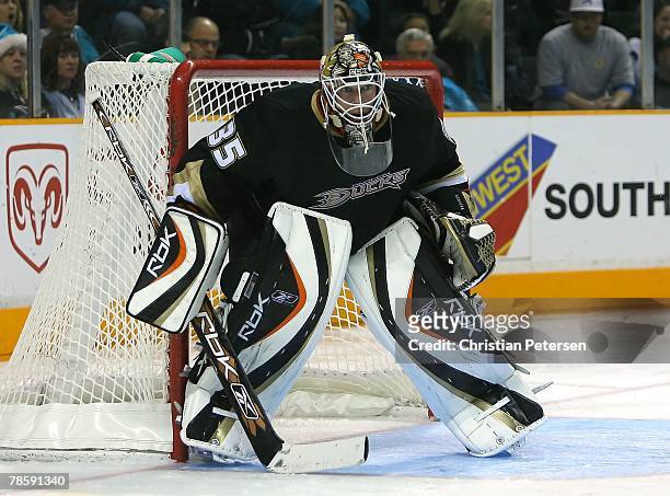 Goaltender Jean-Sebastien Giguere of the Anaheim Ducks in action during the NHL game against the San Jose Sharks at HP Pavilion on December 18, 2007...
