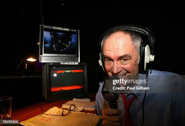 Commentator Sid Waddell poses before the the first round match between Phil Taylor of England and Michael van Gerwen of Netherlands during the 2008...