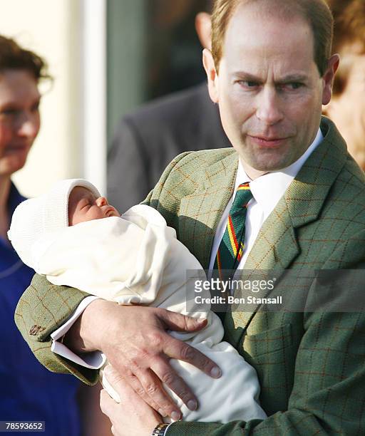 Prince Edward, Earl of Wessex and Sophie Rhys-Jones, Countess of Wessex leave Hospital with their new baby boy at Frimley Park Hospital on December...