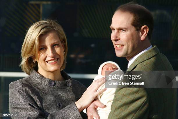 Prince Edward, Earl of Wessex and Sophie Rhys-Jones, Countess of Wessex leave Hospital with their new baby boy at Frimley Park Hospital on December...