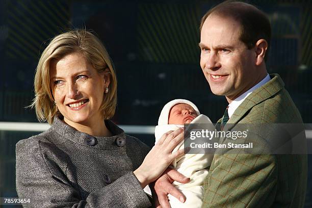 Prince Edward, Earl of Wessex and Sophie Rhys-Jones, Countess of Wessex leave Hospital with their new baby boy at Frimley Park Hospital on December...