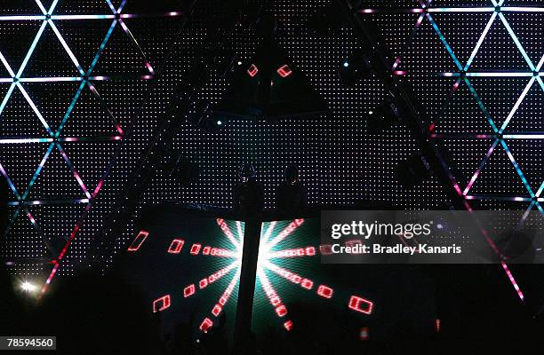 Guy-Manuel de Homem-Christo and Thomas Bangalter of Daft Punk perform on stage at the City Botanic Gardens on December 20, 2007 in Brisbane,...