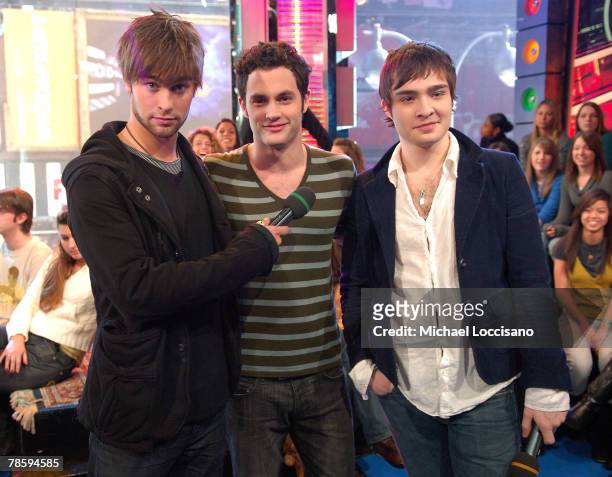Actors Chace Crawford, Penn Badgley and Ed Westwick appear on MTV's "TRL" at MTV Studios in New York City's Times Square on December 17, 2007. The...