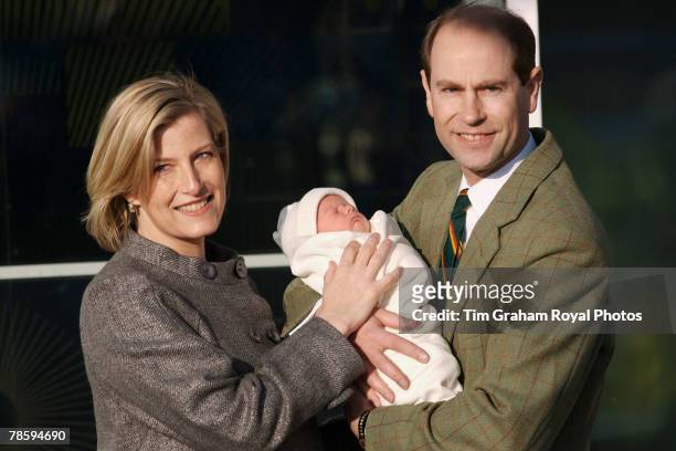 Sophie, Countess of Wessex and Prince Edward, Earl of Wessex leave Frimley Park Hospital with their baby son, Viscount Severn, their second child on...
