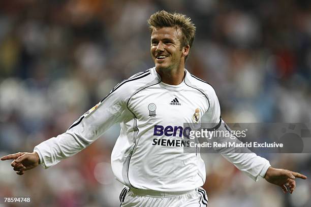 David Beckham of Real Madrid celebrates after scoring during a La Liga match between Real Sociedad and Real Madrid at the Santiago Bernabeu on...