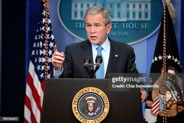 President George W. Bush answers questions during a news conference in the White Hosue Brady Briefing Room December 20, 2007 in Washington, DC. Bush...