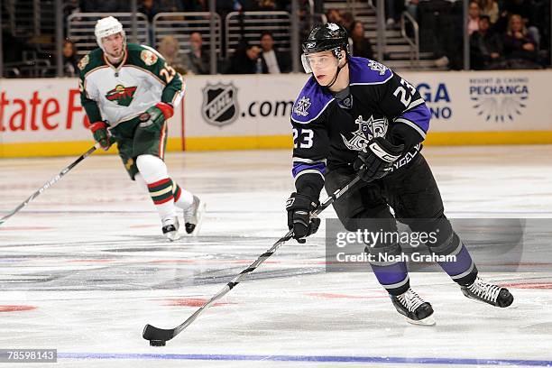 Dustin Brown of the Los Angeles Kings handles the puck during the game against the Minnesota Wild on December 15, 2007 at Staples Center in Los...